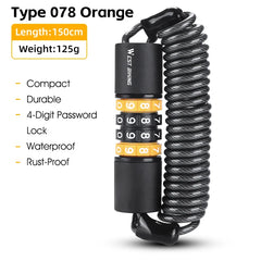 WEST BIKING Portable Bicycle Lock Password Rope Helmet Lock Bicycle Safety Lock Steel Wire Lock Mountain Bike Backpack Lock Zinc