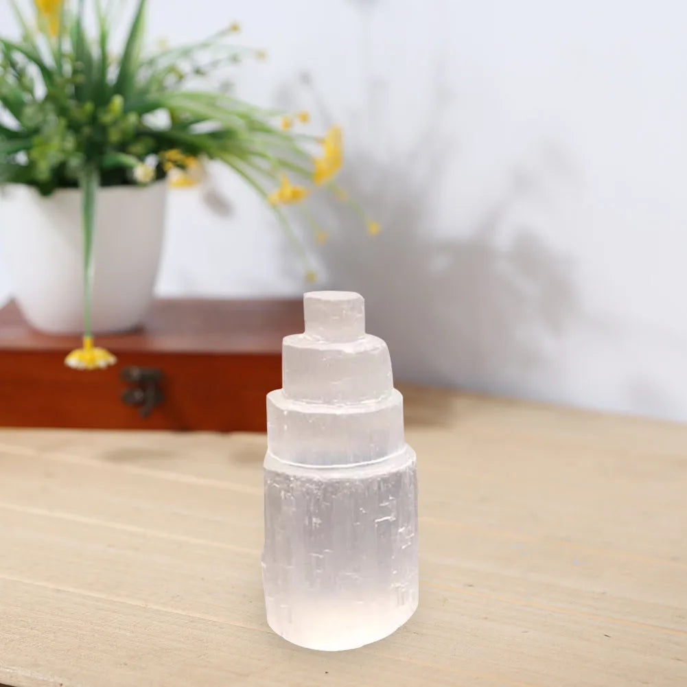 Selenite Tower Lamp Quartz Crystal Ornaments Craft Reiki Healing Home Decoration