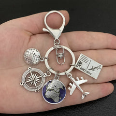New ideas Earth plane keychain pendant earth compass personality memorial key ring gift for travel lovers