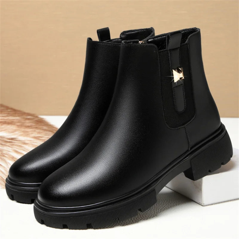 British Style Women Chelsea Boots Square Heel Platform Comfortable Anti-slip Zip Ankle Boots Soft Leather Casual Shoes