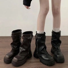 Winter Women Biker Boots Fashion Belt Buckle Ladies Elegant Platform Flats Short Booties Casual Women's Knight Booties Shoes
