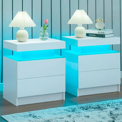 Set of 2 LED Nightstands with 2 Drawers – Modern Bedside Tables Bedroom Furniture