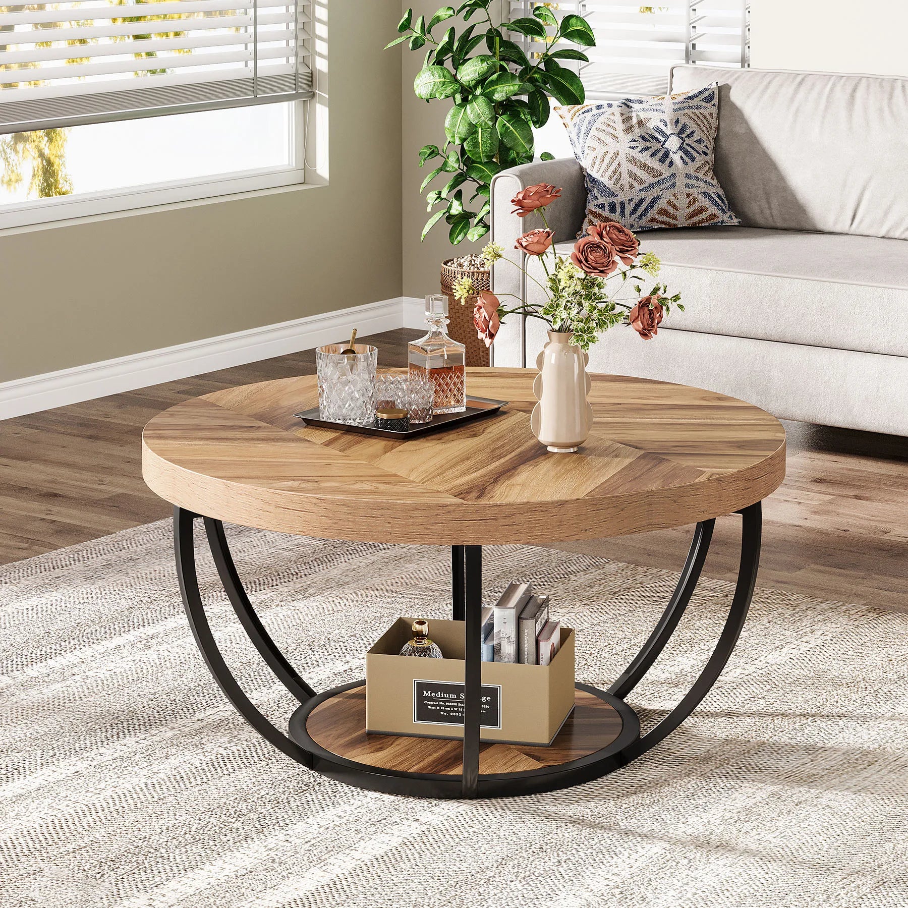 Tribesigns 31.7" Round Coffee Table, Industrial 2-Tier Circle Coffee Table with Storage Shelves, Modern Wooden Accent Center Tab Living Room Furniture