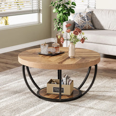 Tribesigns 31.7" Round Coffee Table, Industrial 2-Tier Circle Coffee Table with Storage Shelves, Modern Wooden Accent Center Tab Living Room Furniture