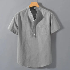 Mens Short Sleeve T Shirts Solid color Stand Up Shirt Summer Trendy Breathable Loose Youth Basic Cotton Pocket Top