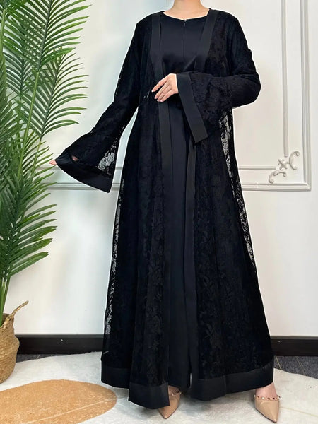 Women Muslim Arab Islamic Ramadan Two-piece Set  Belt Embroidery  Dress Kaftan Long Sleeves Open Stitch Cardigan