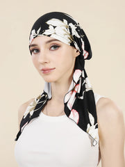 Muslim Fashion Print Hijab Turban Hats Long Tail Head Wraps Elastic Hijab Hats Breathable Chemo Cap For Women Girls