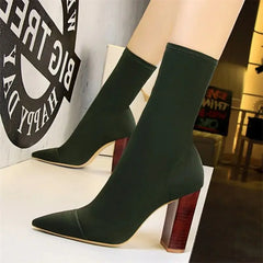 New Socks Boots Fashion Simple For Women Black Pointed Toe Elastic Heels Autumn Winter Slimming Thick Heel Ankle Boots Shoes
