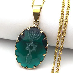 Menorah Star David Jewish Magen Judaica Hebrew Glass Necklace for Women Men Stainless Steel Israel Faith Lamp Hanukkah Jewelry