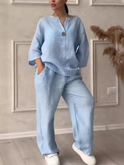 Women’s Cotton Linen 2-Piece Set – Blouse & Wide Leg Pants