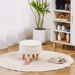 Velvet Round Ottoman with Wood Legs Multifunctional Footrest