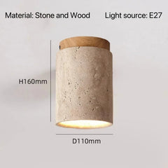 Yellow Travertine LED Ceiling Lamp Japanese Wooden Downlight round Wood Light for Living Room Corridor Porch Balcony