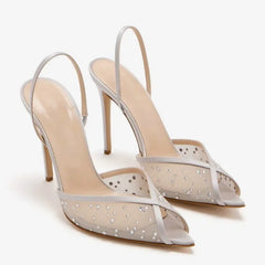 Summer new pointed fish mouth lace mesh rhinestone rivet wedding shoes thin high-heeled banquet dress large size women's sandals Heels