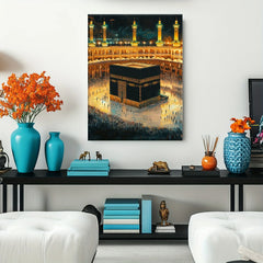 Glowing Kaaba Canvas Wall Art - Islamic Mecca Night Scene with Gold Minaret for Home Decor, Ramadan & Hajj Muslim Religious Gift