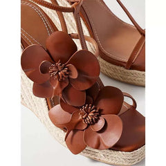 Fashion Flower Platform Wedges Sandals T Strap Open Toe Runway 2026 Summer Women Dress Shoes Braided Shoes