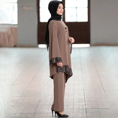 Ramadan 2 Piece Set Muslim Women Turkey Asymmetry Abaya Blouse Wide Leg Pants Kaftan Eid Suits Islamic Clothes Djellaba Musulman