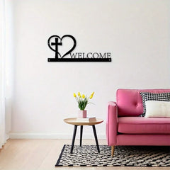 1PC Cross Heart Metal Wall Art Black Iron Religious Sign Faith Home Decor