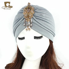 NEW Luxury Divas Stretchable turban Head wrap hat with beaded pendant women Headwear