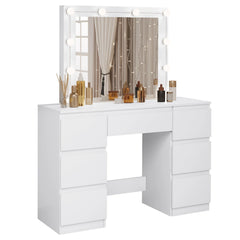 Vanity Dressing Table with LED Lighting Adjustable Brightness Cosmetic Table Large Mirror 7 Drawers for Girls Women Bedroom Furniture