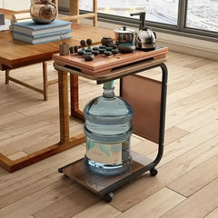 1pc Brown Rolling Side Table with Storage Bag - Solid Wood Table, C-Shaped Desk for Sofa and Bedside, Metal Frame Bedroom Furniture