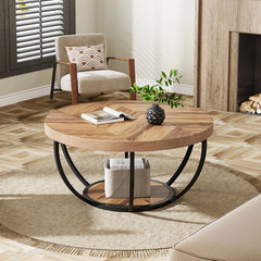 Tribesigns 31.7" Round Coffee Table, Industrial 2-Tier Circle Coffee Table with Storage Shelves, Modern Wooden Accent Center Tab Living Room Furniture