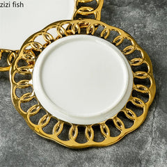 Gold Plated Hollow Out Ceramic Plate Steak Plate Dessert Snack Plate Fruit Salad Plates Service Plates Restaurant Tableware