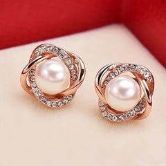 14K Gold Zircon Pearl Twist Stud Earrings for Women
