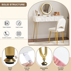 1SET Dressing Table with 360° Rotating Mirror Velvet Chair LED Light in 3 Light Colours Vanity Makeup Desk Cosmetic Table Bedroom Furniture