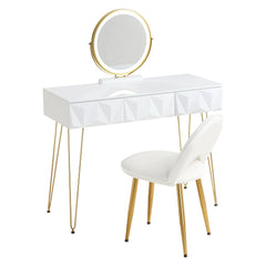 1SET Dressing Table with 360° Rotating Mirror Velvet Chair LED Light in 3 Light Colours Vanity Makeup Desk Cosmetic Table Bedroom Furniture