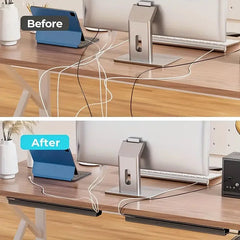 Close-up of desk cable management channel