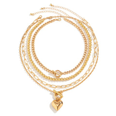 4Pcs/Set Punk Gold Color Heart Pendant Necklace Trendy OT Buckle Beaded Neck Chain Choker Y2K Jewelry Accessories