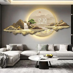 New Chinese style living room decoration painting 2025LED light clock wall mounted digital display electronic clock painting