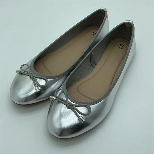Eilyken Gold Silver Elegant Bowknot Round Toe Women's Flat Comfort Slip-On Ladies Ballerina Single Mules Flat Shoes