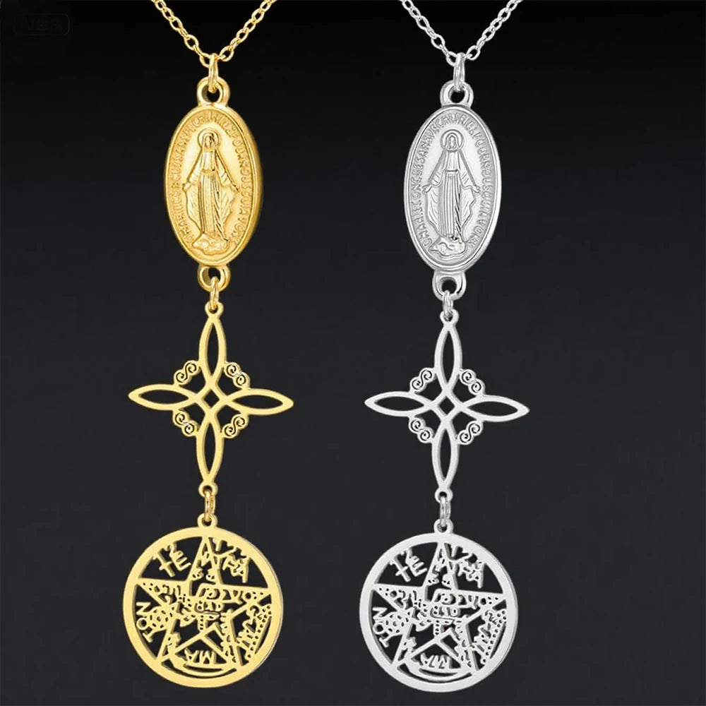 Triple Protection Necklace Virgin Mary Witch Knot Pentagram Tetragrammaton  Stainless Steel Double-side Jewerly