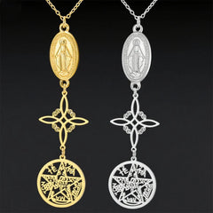 Triple Protection Necklace Virgin Mary Witch Knot Pentagram Tetragrammaton  Stainless Steel Double-side Jewerly