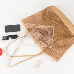 1pcs Foldable Beach Bag with Mesh Net, Mesh Bag, Women's Shoulder Bag, Essential for Outdoor Travel and Leisure Activities