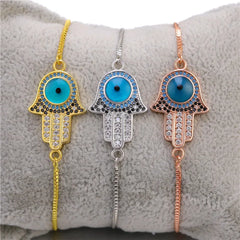 Juya 18K Real Gold Plated Adjustable Chains Multicolor Zirconia Hamsa Fatima Enamel Greek Evil Eye Charms Bracelets For Women