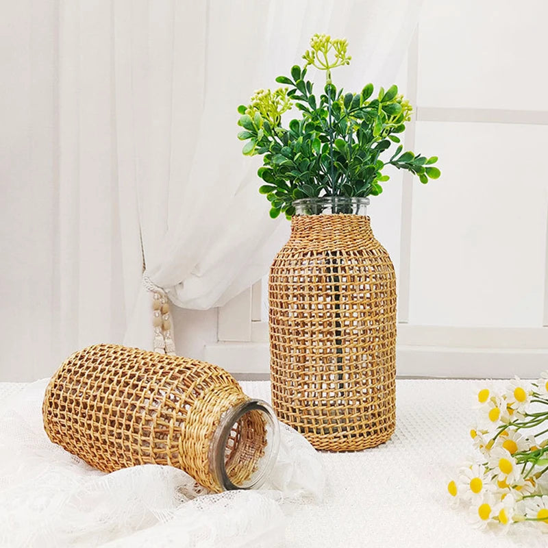 Vintage Rattan Vase Hand Woven Wicker Flower Pot Glass Bouquets Holder Vases Wedding Party Dining Table Centerpiece Decor