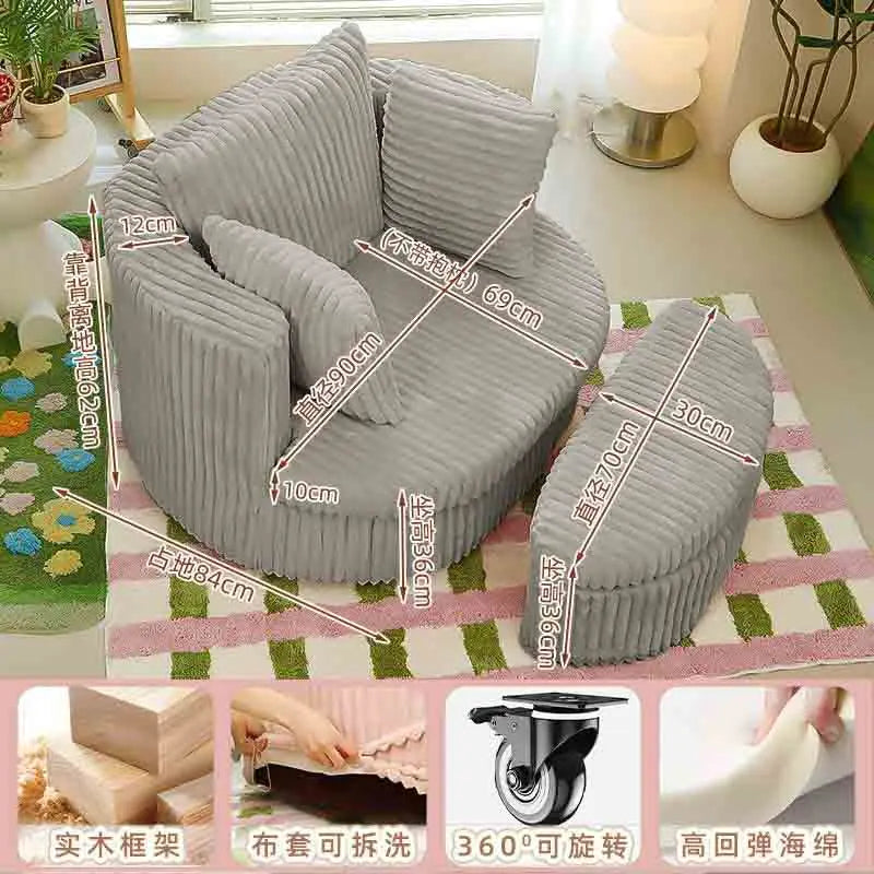 Lounge Lazy Movable Swivel Accent Sofa Chair with Wheels Comfy Soft Leisure Reading Chair Upholstered Cushion Recliner Sofa