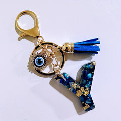 Blue Resin Initial Keychain - Evil Eye Letter Charm with Rhinestones & Tassel, Stylish Gift for Women, Lobster Clasp Accessory