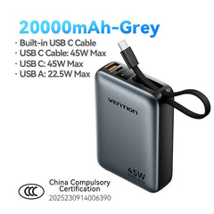 Vention CCC 45W 20000mAh Power Bank Fast Charging Portable Charger for Xiaomi iPhone Pro Max Samsung Galaxy Battery 3C Powerbank