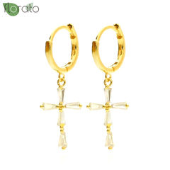 925 Sterling Silver Needle Fashion Cross Pendant Hoop Earrings for Women Vintage Gold Color Small Earrings Luxury Jewelry Gifts