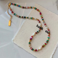 Colorful Beads & Freshwater Pearl Necklace – Retro Gold Clavicle Chain
