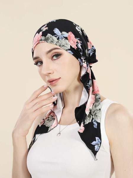 Muslim Fashion Print Hijab Turban Hats Long Tail Head Wraps Elastic Hijab Hats Breathable Chemo Cap For Women Girls