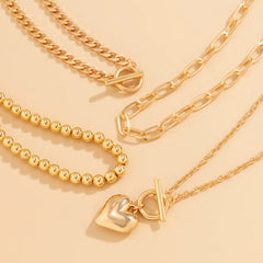 4Pcs/Set Punk Gold Color Heart Pendant Necklace Trendy OT Buckle Beaded Neck Chain Choker Y2K Jewelry Accessories