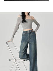 Women's Narrow Cut Wide Leg Jeans With High Waist And Hanging Feeling Straight Leg Casual Look Slim Contrasting Colors Pants