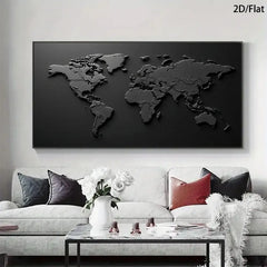 1 Modern Abstract Relief World Map Mural - Black and White Printed Canvas Poster for Living Room and Bedroom Decoration, 2D Flat