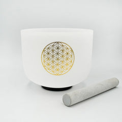 KVKA  8 Inch C Note 528Hz Life of Flower Design Chakra Frosted Quartz Crystal Singing Bowl with Free Mallet
