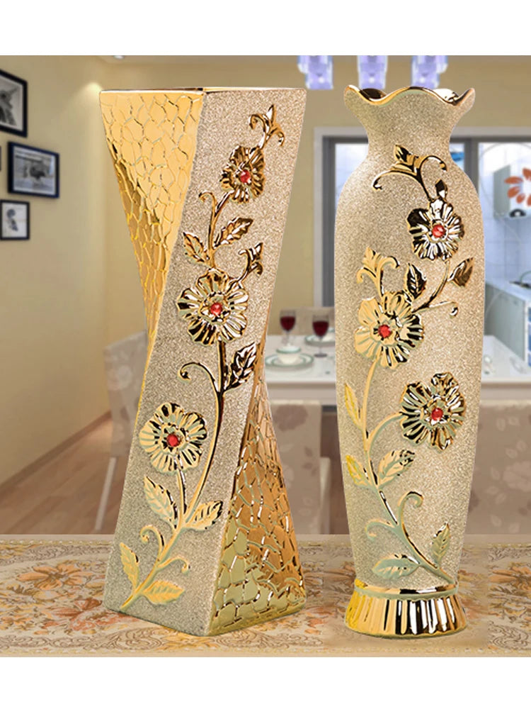 Modern Ceramic Flower Vase 48cm Large Floor Standing Golden Water-Filled European Style Living Room Decorative Flower Pot