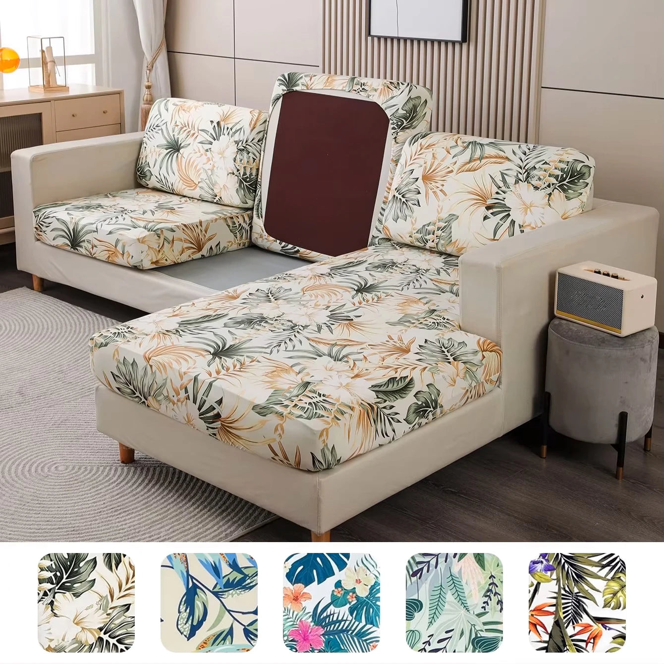 Tropical rainforest leaf printed milk silk sofa cover, elastic sofa cover, dust-proof and detachable sofa cover